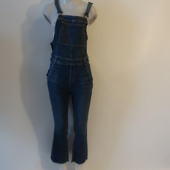 Womens Rag & Bone Paz Dark Blue Raw Hem Cropped Flared-Leg Jean Overalls SP * - Picture 5 of 9